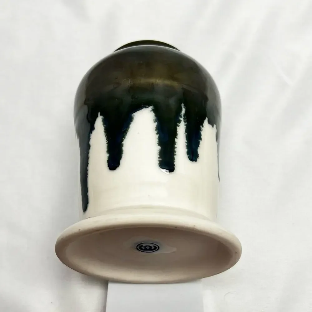 Hand Crafted Art Pottery Vase Drip Metallic Glaze 5 1/2" Teal Tone Lined Branded - Picture 2 of 9